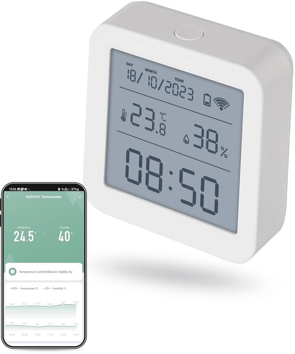 Slimme Thermometer voor het Huis met App - Zigbee - Binnentemperatuur -10°C tot +60°C - LED-display - WiFi Klok - Temperatuurweergave °C/°F - Inclusief Batterij - Compatibel met Google Home en Alexa - Wit