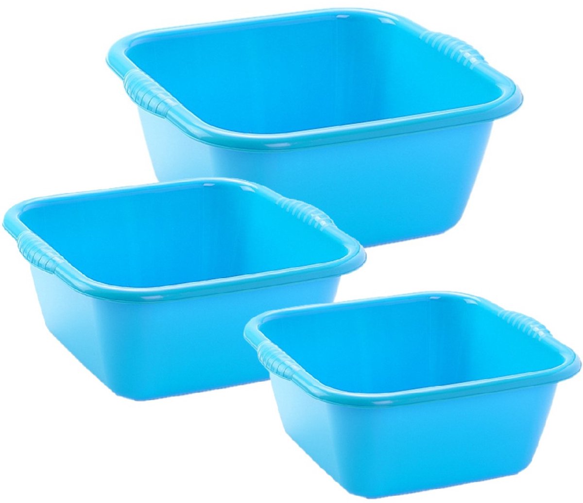 Plasticforte 3x huishoud teilen set - afwasbak - kunststof - 6-10-15 liter - blauw - schoonmaken