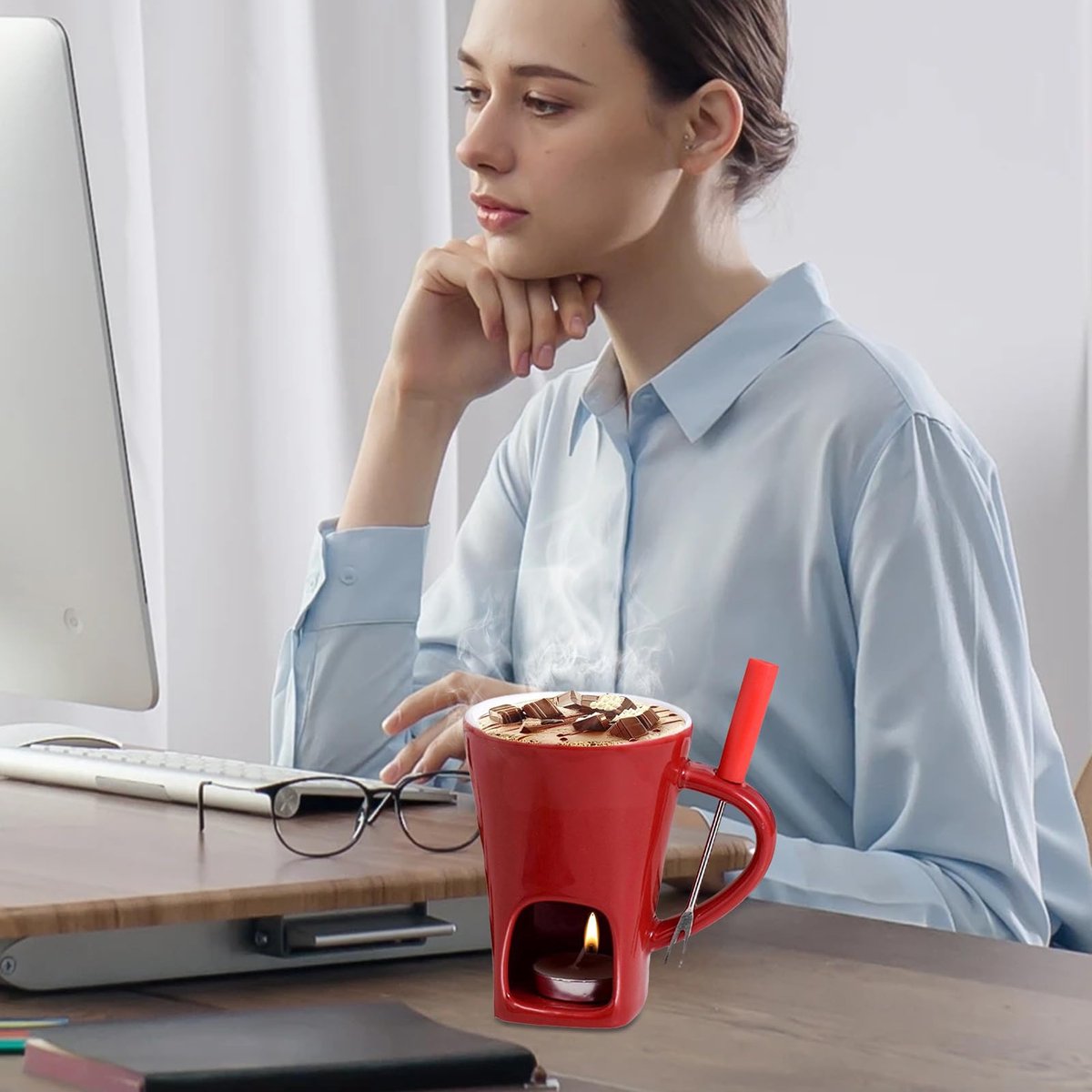 Ynkkvre - Chocoladefonduebeker - Smeltbeker - Chocolade Fondue Set - Verwarmde Smeltbeker - Keramisch Materiaal - Inclusief Vork - Eenvoudig Schoonmaken – foto 3