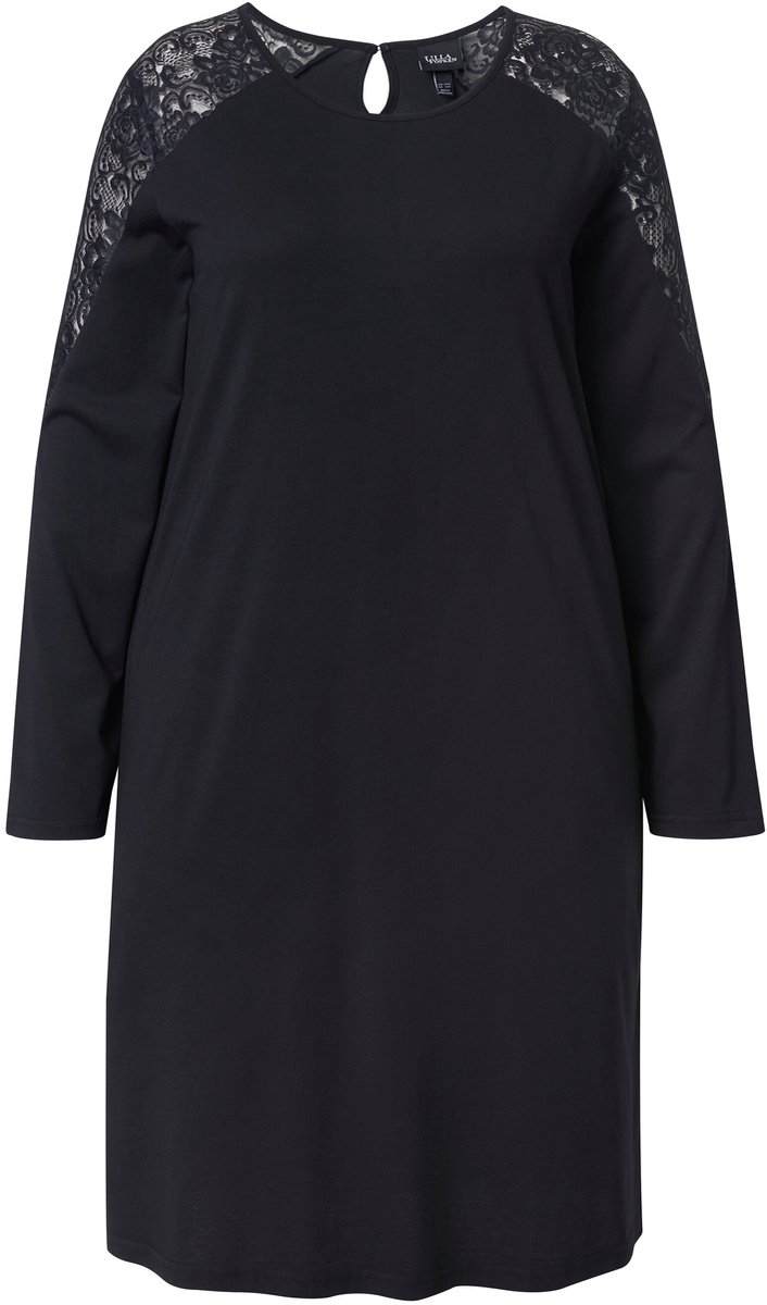 Ulla Popken Dames - Nachthemd kant ronde hals lange mouwen modalmix - Zwart - Maat 46+
