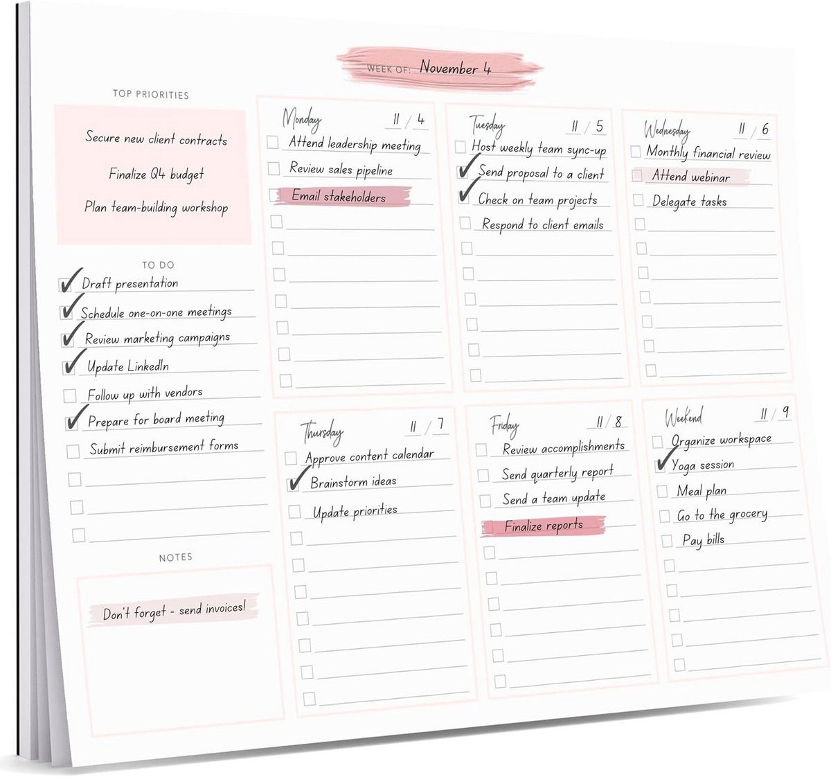 Wekelijkse Planner Notitieblok - 52 Ongedateerde Vellen voor Dagelijkse Taken, Gewoonte Tracker en Werkplanning