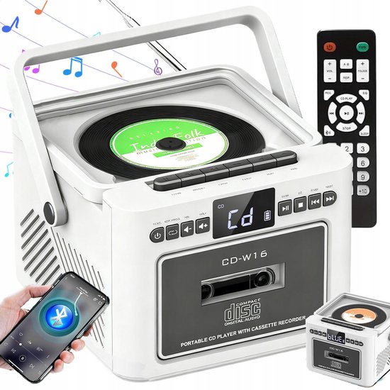 Bluetooth cd speler met cassette, radio, Bluetooth 5.1, 5000mAh batterij, afstandsbediening, wit, draagbaar