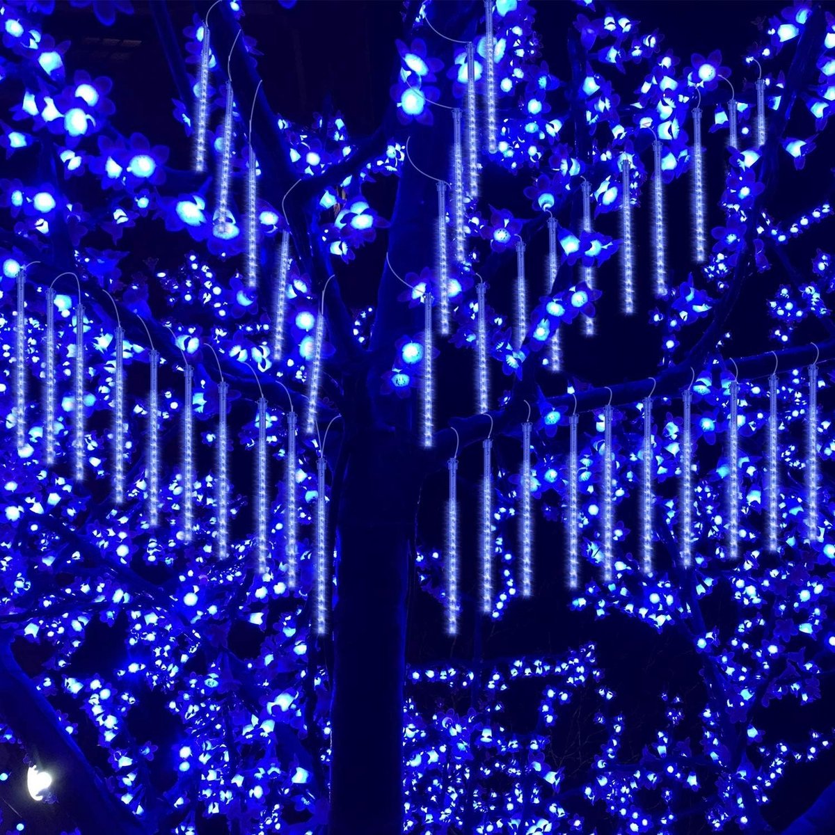 Ynkkvre – lichtsnoer – buiten LED regen douche lichtsnoer 8 buizen 192 LED’s 30 cm waterdicht voor bruiloft, feest, kerst, tuin, blauw