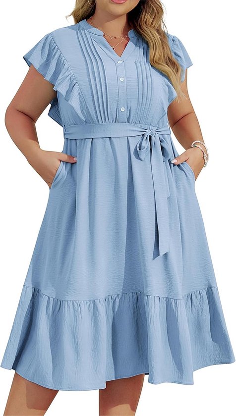 Hanna Nikole Midi-jurk met V-hals en knopen aan de voorkant, grote maten, ruches aan de mouwen, casual jurk voor vrouwen, effen kleur, schattige A-lijn jurk met riem, Lichtblauw, 46 grote maten