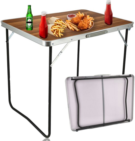 Tafel met houtlook tafelblad, zilverkleurig frame, zwarte poten, met eten en drinken erop, en een ingeklapte tafel ernaast.