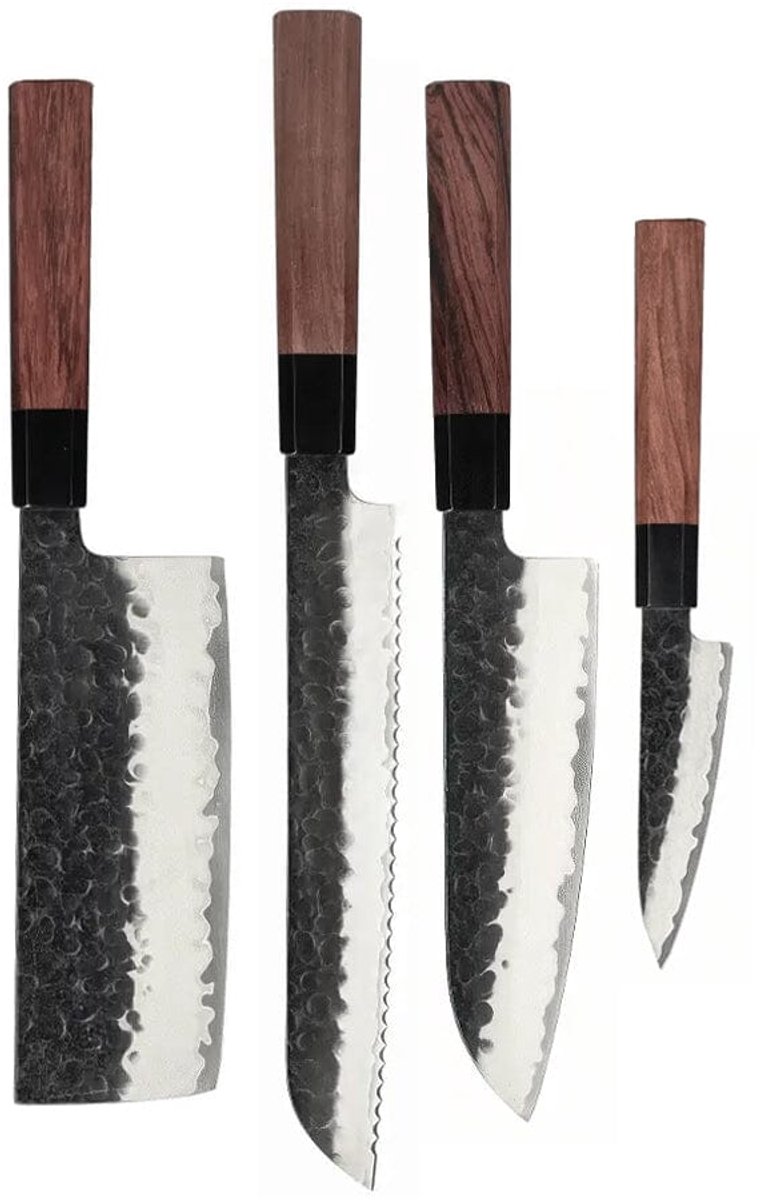 Shinrai Knives - Kurayami 4-delige Damascus Messenset - Santoku + Broodmes + Nakiri + Schilmes