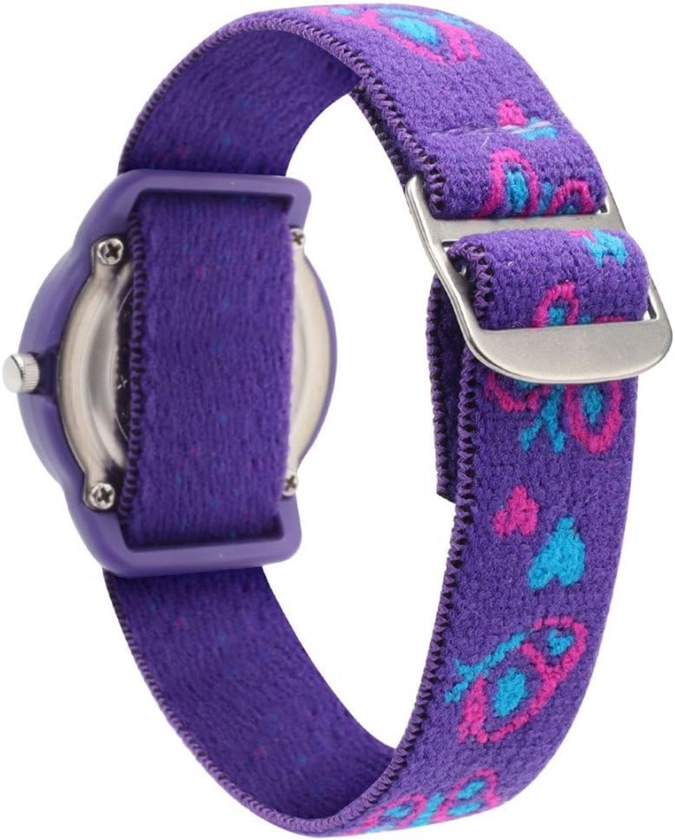 Kindhorloge Analoog Quartz met Elastische Band - Dinosaurus, Vlinder Bloemen - Leertijd Horloge