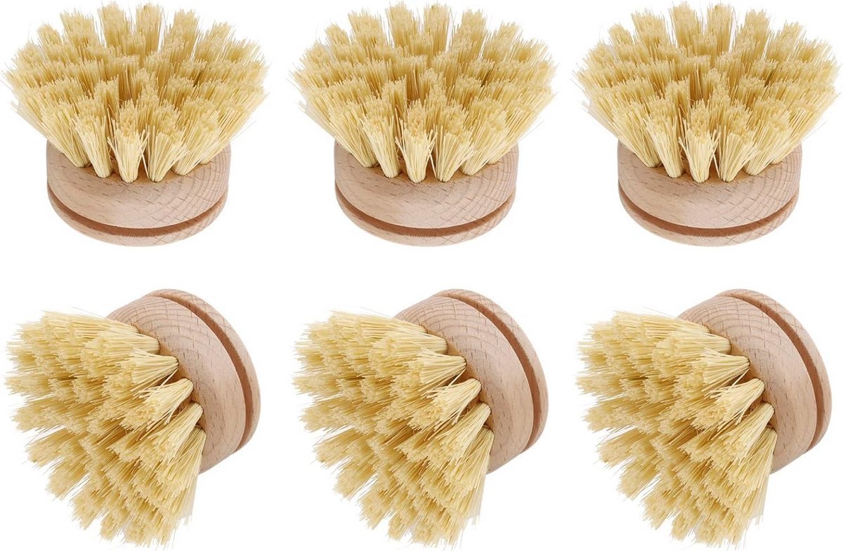 Set van 6 Houten Afwasborstel Vervangingskoppen Met Sisal