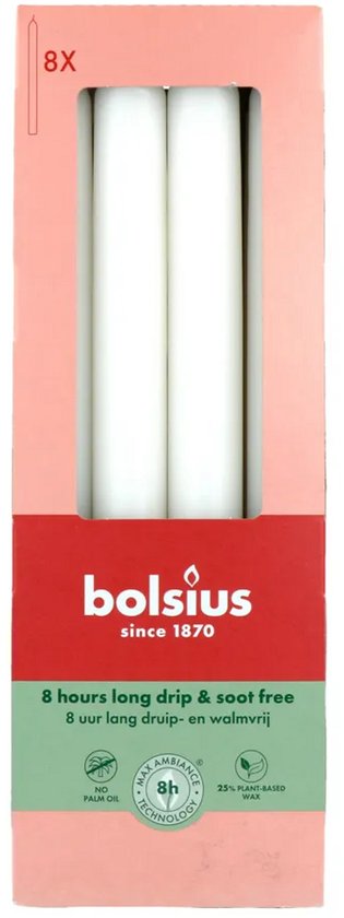 Bougies de dîner blanches Bolsius 230/20 set 8 pièces (8 heures) blanc nuageux