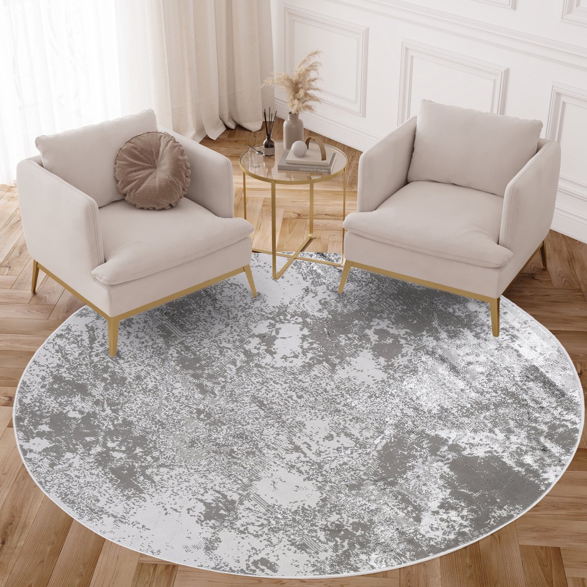 Tapiso Crystal Rond Vloerkleed Grijs Laagpolig Modern Woonkamer Tapijt Maat- 160x160