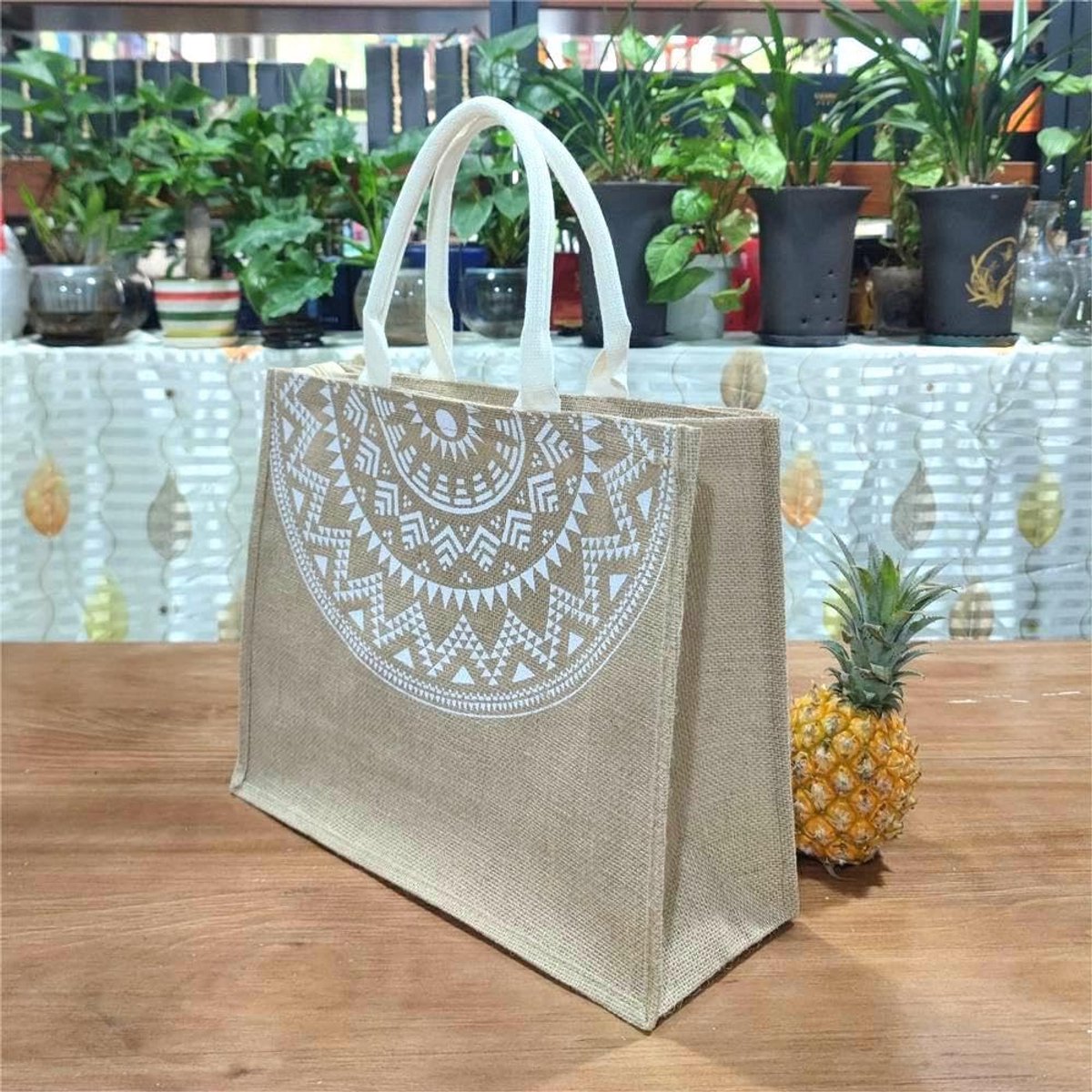 Grote Jute Shopper Tas met Ritssluiting en Waterdichte Voering