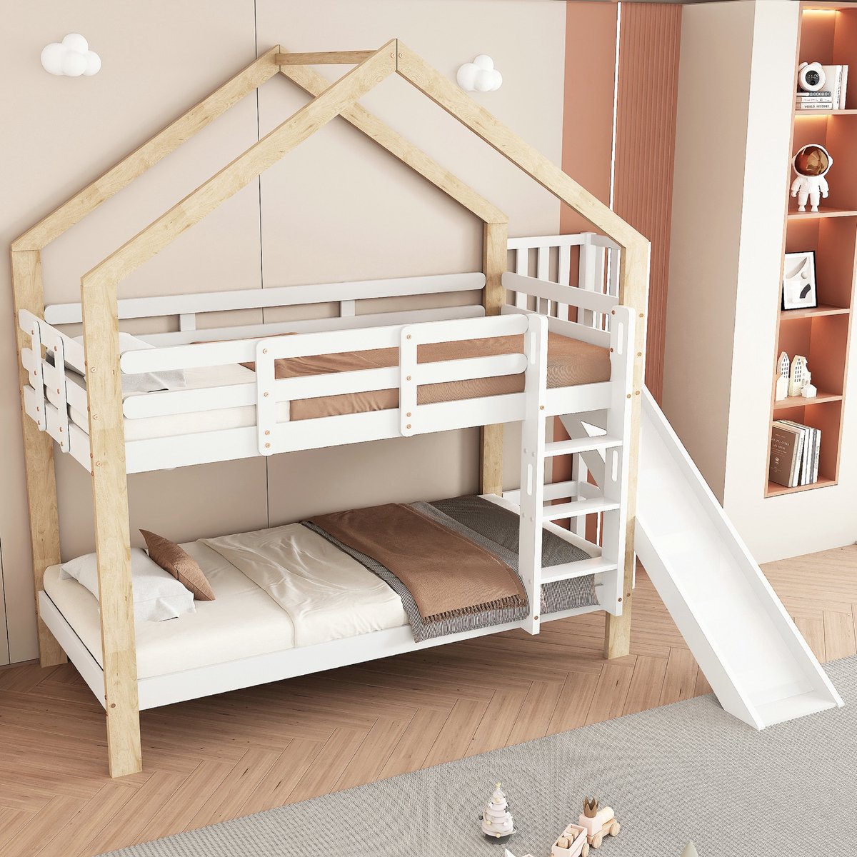 VVBV Stapelbed - 90x200cm - Met glijbaan - Valbeveiliging - Huisontwerp - Wit + Naturel