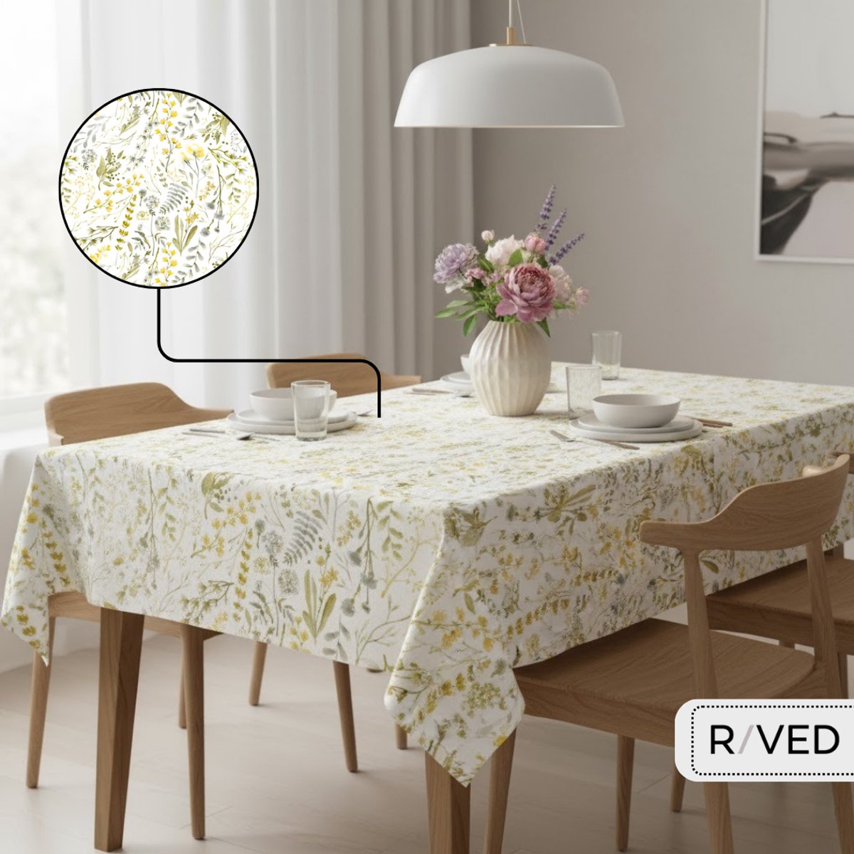 Raved – Katoen Tafelzeil Wilde Bloemen Geel – 140 cm x 100 cm – waterafstotend – uitwasbaar