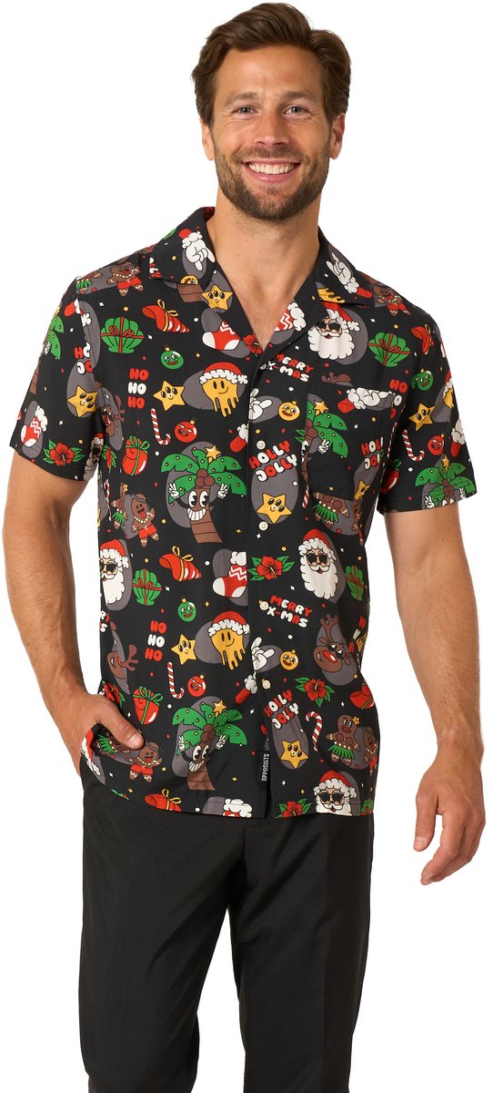 OppoSuits Men's Hawaiian Merry Jinglejoy - Heren Blouse - Kerst Overhemd - Hawaii Hemd - Shirt - Kerst - Zwart - Maat L