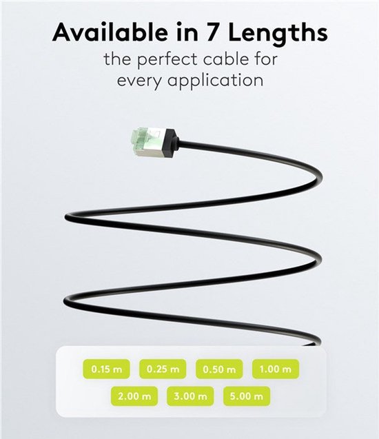 Câble réseau CAT 8.1 noir avec un connecteur RJ45 vert, en forme enroulée.