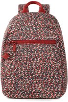 Rugzak met Hedgren-logo, rode ritsen en een abstracte print in rood, groen en blauw.
