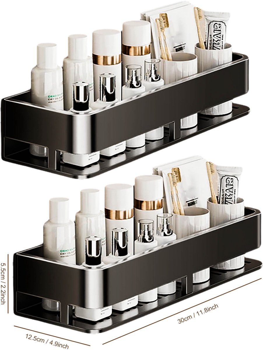 IBETTERTEC - Doucherek roestvrij staal hoekrek - zonder boren - 2 stuks 30cm - douchemand - toiletwand hoekrek - driehoekig rek - zwart opbergrek voor badkamer en keuken - kruidenrek