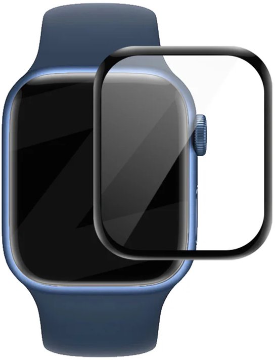 Een blauwe Apple Watch met een blauw bandje, met een screenprotector die op het scherm wordt geplaatst.