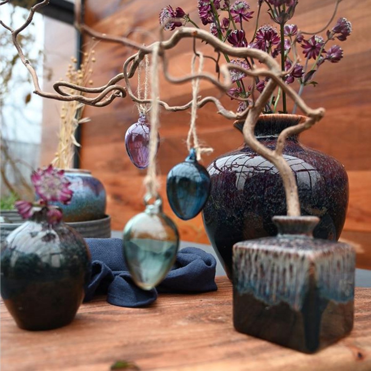 Moderne blauwe keramiek vazen ​​8x6,5 cm - Decoratief