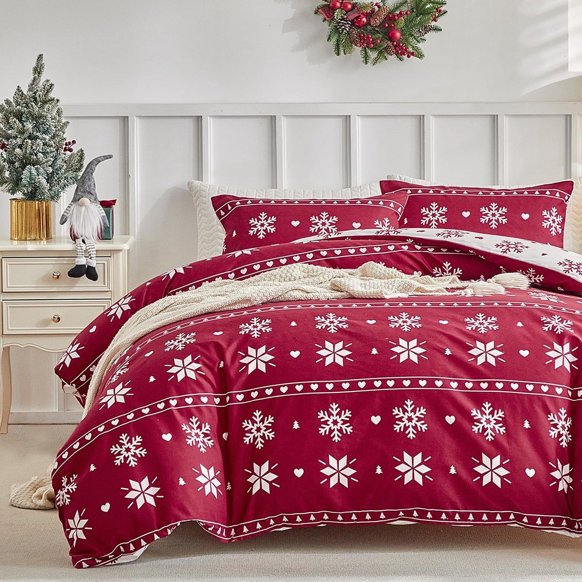 Unyqoos Drie-delige kerstbeddenset van microvezel met rode sneeuwvlokkenprint rood