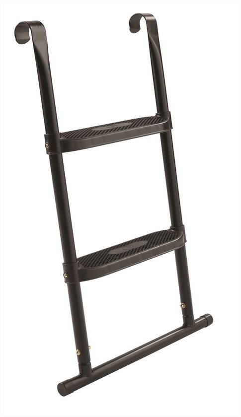 Zwarte trampoline ladder met 2 treden en gebogen haken om aan de trampoline te bevestigen.