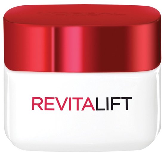 Witte pot met rode deksel. REVITALIFT dag/jour.