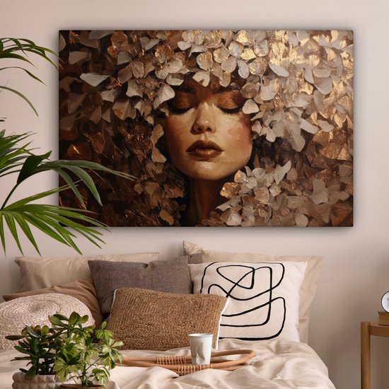Tableau sur toile 120x80 cm - Décoration murale exclusive Visage - Femme - Feuilles - Coups de pinceau - Décoration murale salon - Décoration chambre à coucher - Accessoires de chambre - Tableaux sur toile