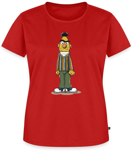 Rood T-shirt met een illustratie van Bert uit Sesamstraat met zijn kenmerkende gestreepte trui en groene broek.