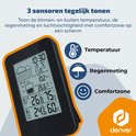 Zwart weerstation met een display dat temperatuur, regenmeting en comfortzone toont. Duidelijke iconen voor temperatuur, regen en comfort.