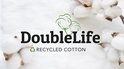 Logo DoubleLife avec le texte 'RECYCLED COTTON', entouré de boules de coton.