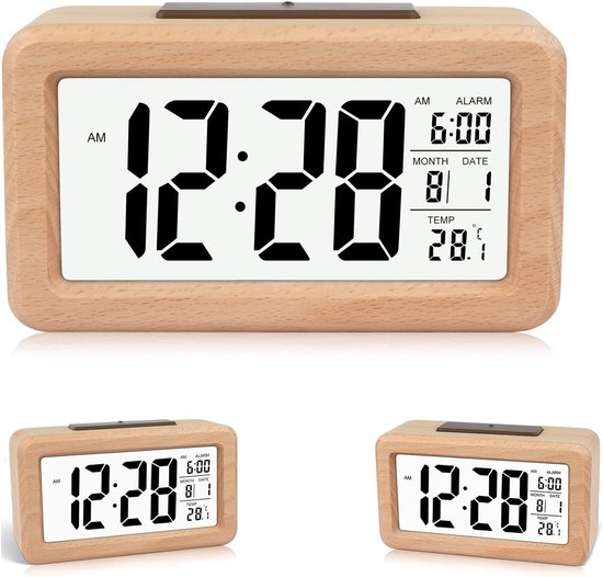 KZQ Houten Digitale Wekker met Groot Display, Sensormodules, Temperatuur en Datum, Verstelbare Nachtlampje en Sluimerfunctie, Zonder Tikgeluid voor Slaapkamer en Kantoor
