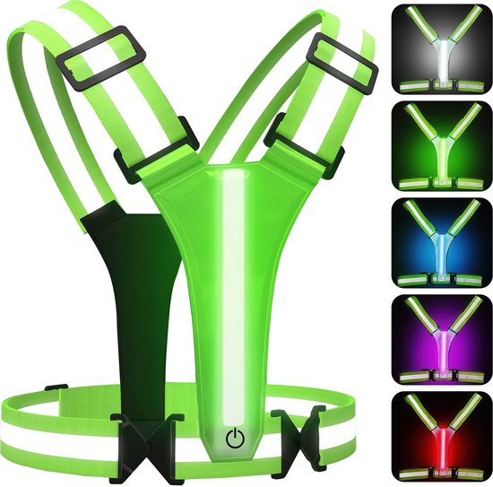 Groen reflecterend hardloopvest met Y-vormige LED-verlichting in wit, groen, blauw, paars en rood.