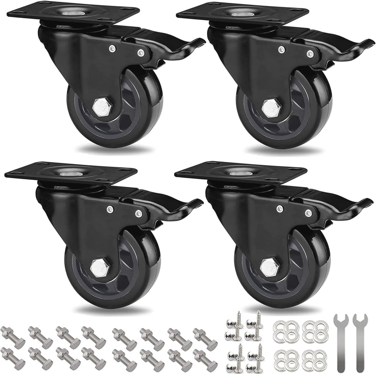 Zwenkwielen met Rem - 75 mm, Draagkracht tot 500 kg, 360° Draaibaar, Perfect voor Meubels en Trolleys