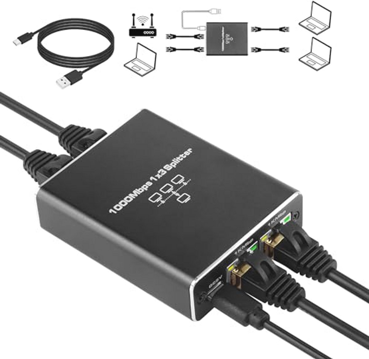 Ethernet Splitter 1 naar 3 - 1000/100 Mbps Gigabit Netwerkswitch met USB Voeding - Ideaal voor Computers, Routers en Hubs