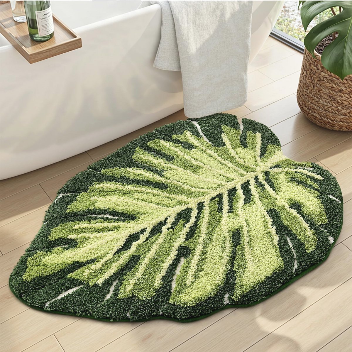 Antislip Badmat 60 x 80 cm - Groene Bladplant - Machinewasbaar en Comfortabel - Voor Douche, Badkamer en Badkuip