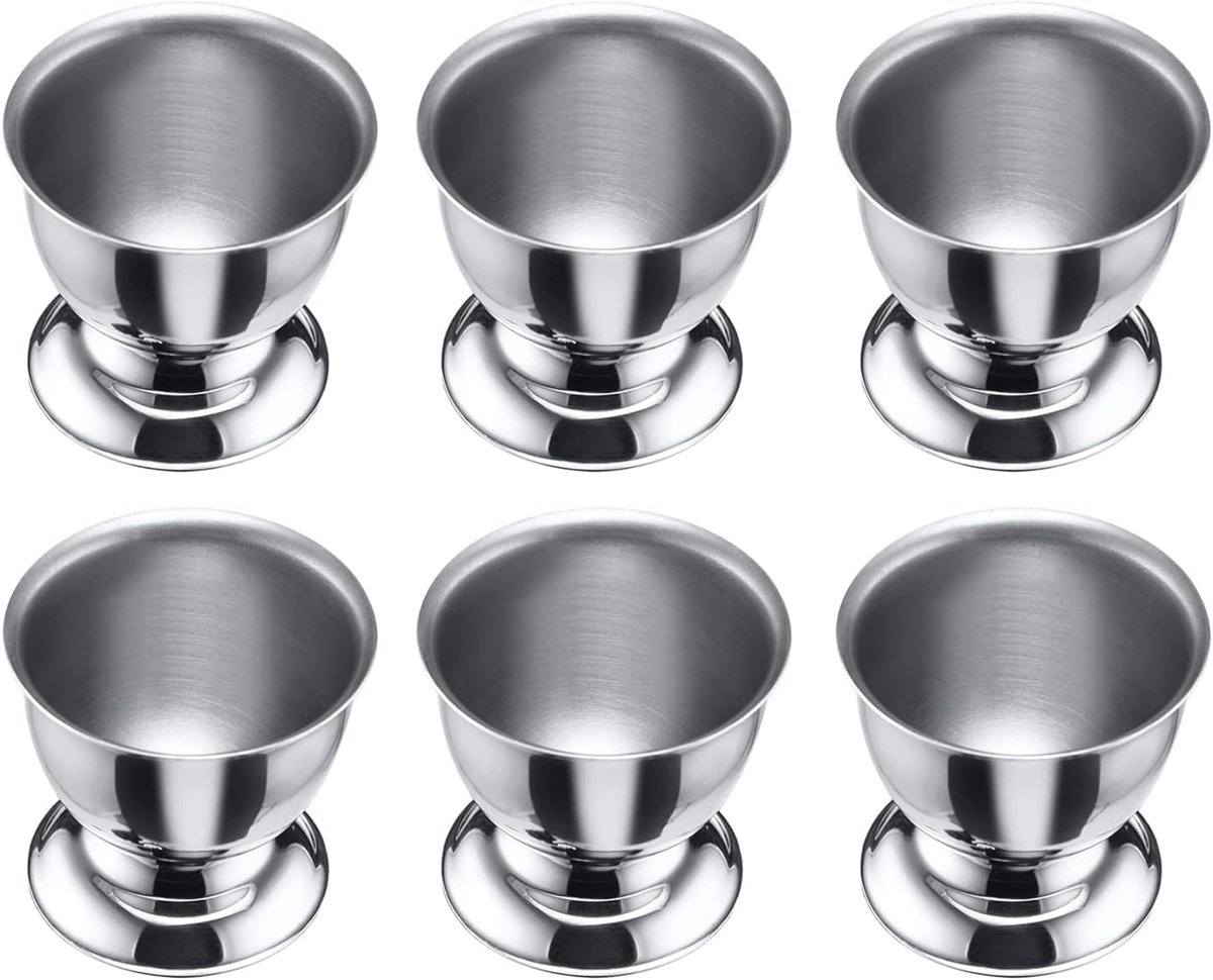 Eiercup van roestvrij staal met basis - stapelbaar - set van 6 eierhouders - tray - zilver