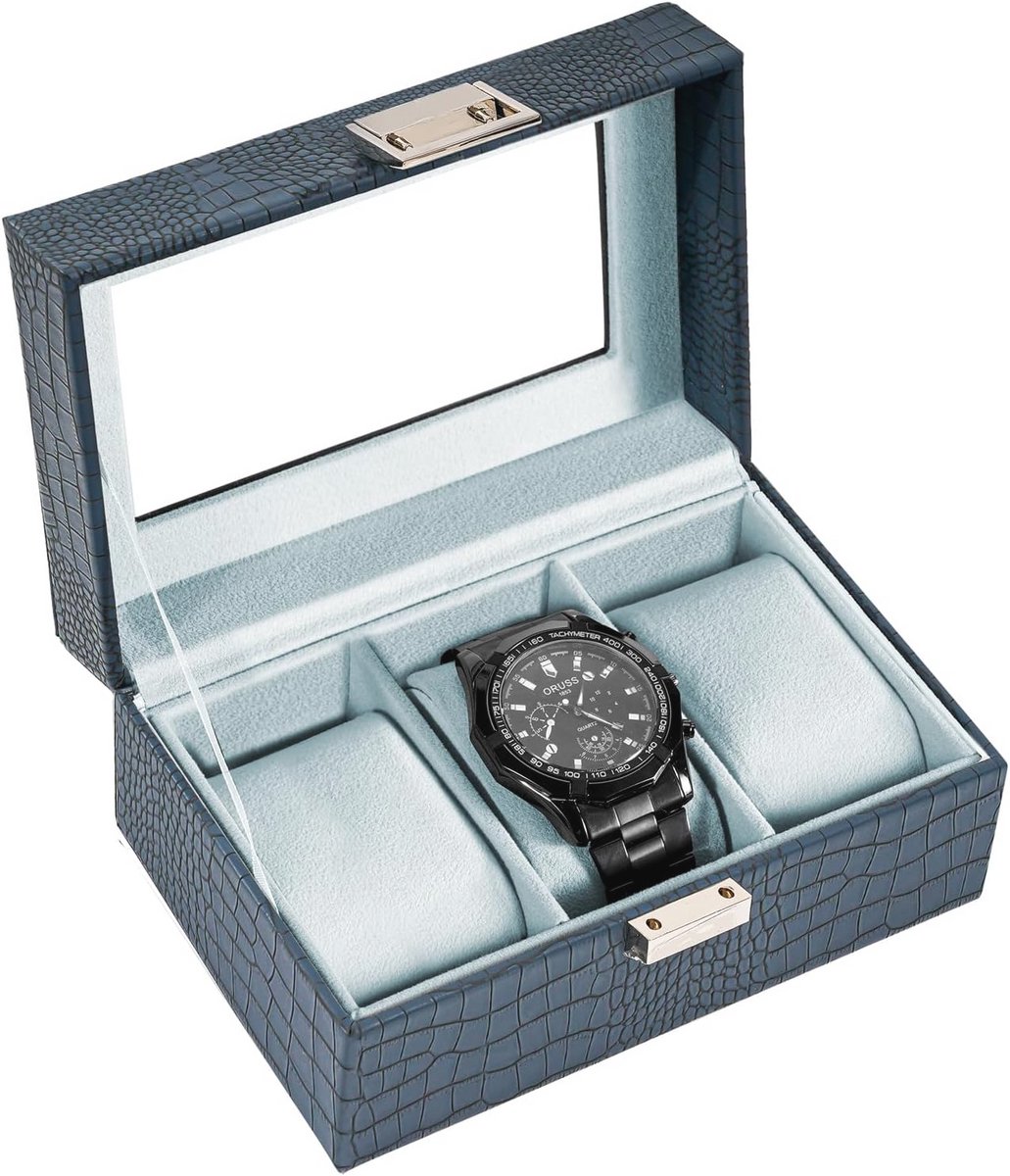 Heren Horloge Doos, 3-Vaks Horloge Opbergbox, Horloge Organizer met Glasdeksel - Crocodille Blauw
