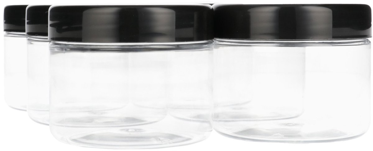 6 x Ronde Pot 250ml PET Kunststof - Transparant met Schroefdeksel Zwart- PET Kunststof BPA-vrij - Plastic Verzamel potten Navulbaar - Met Dop - Lege Potten - 6 stuks