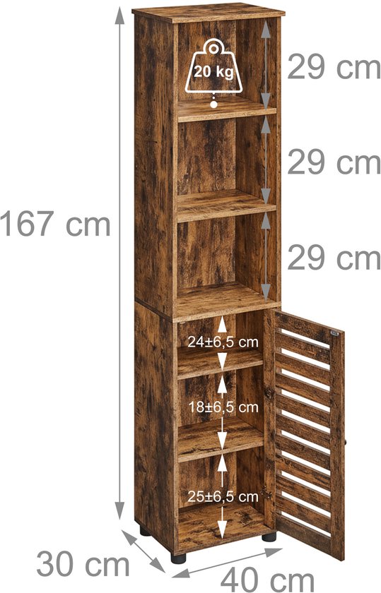 Technische tekening van de kolomkast met afmetingen: 167x40x30 cm en een draagvermogen van 20 kg.