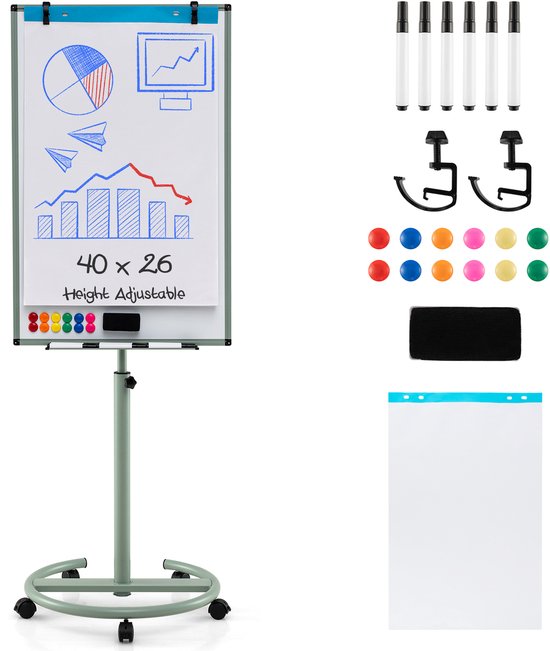 COSTWAY Flipchart standaard, 100 x 65 cm, mobiel whiteboard op wieltjes, in hoogte verstelbaar tot 192 cm, droog afwasbaar, magnetisch, flipchart met ronde standaard, magneten, markers en gum