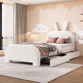 OKWISH Gestoffeerd Bed 90x200 cm - Kinderbed Met Uniek Konijnenoor Hoofdeksel En Twee Lades - Eenpersoonsbed - Pluche - Wit