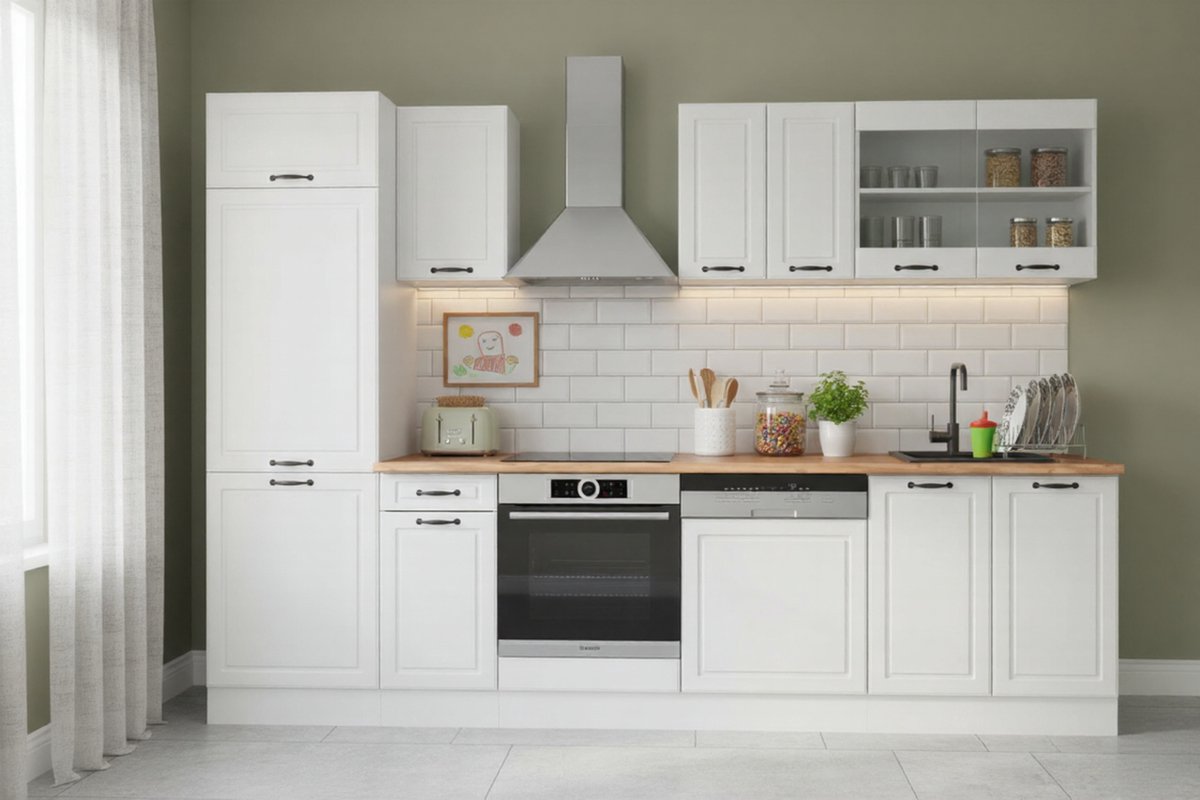 R-Line Keukenunit Keukenblok 300 cm wit landhuis/wit met Goldkraft eiken werkblad, modern design, stofdicht, verstelbare poten, onderkasten 46 cm diep – Novihome