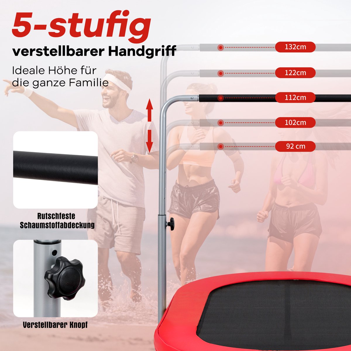 COSTWAY Trampoline voor 2 personen, met in hoogte verstelbare handgreep, mini-trampoline tot 150 kg belastbaar, kindertrampoline inklapbaar, tuintrampoline voor kinderen en volwassenen (rood) — afbeelding 7