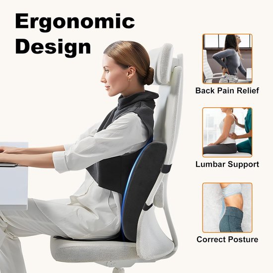 Healthfix Ergonomisch Lendenkussen - Ontwikkeld Met Duitse Experts - Traagschuim Voor Houdingverbetering - Ademende Hoes, Verstelbaar Voor Stoel En Auto