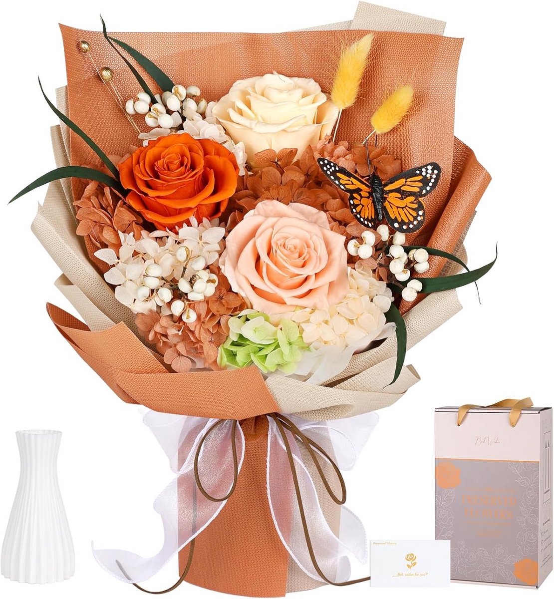 Geconserveerd Boeket met Echte Rozen en Vlinder - Duurzaam Bloemenstuk als Cadeau