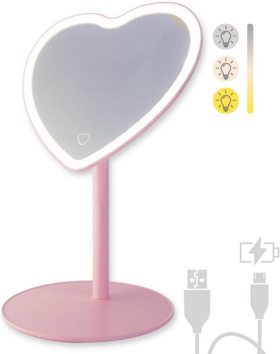 Roze Hartvormige Make-up Spiegel met Instelbare LED Verlichting