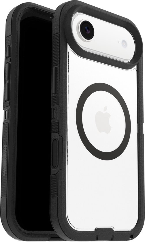 Zwarte OtterBox Defender Pro telefoonhoes voor iPhone Air, doorzichtig achterpaneel.