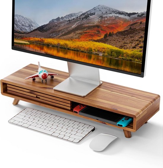 TINAMO Acacia Houten monitorstandaard met lade, houten monitorverhoger voor bureau, computermonitorstandaard voor bureau, multifunctionele bureaustandaard voor computer, laptop, printer, tv, 62 x 20 x