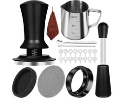 Unyqoos® Uitgebreide Barista Set voor Perfecte Espresso met Latte Art Accessoires, 58 mm, Roestvrij staal, Zwart