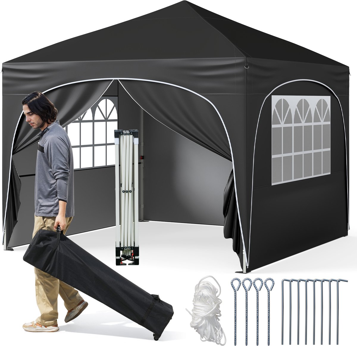 COSTWAY 3 x 3 m paviljoen met 4 afneembare zijwanden, tuintent incl. roltas, 8 haringen, 4 ankers, 4 scheerlijnen, 4 zandzakken, tuinpaviljoen, feesttent voor strand, tuin, park (zwart)